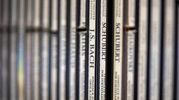 row of CDs on a library shelf